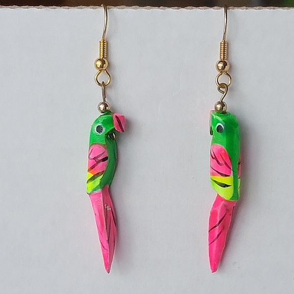 Hand Crafted Jewelry - Hand Painted Wood Parrot Earrings Neon